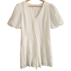 TCEC White Eyelet‎ Puff Sleeve V Neck Romper Jumpsuit Women's Size L